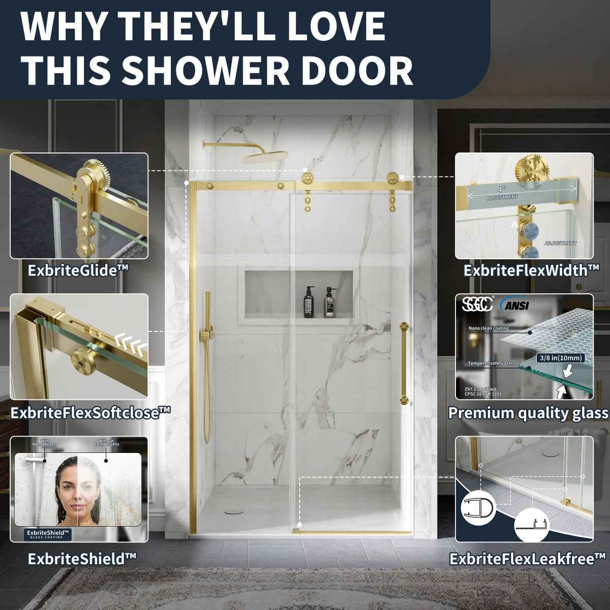 44-48" x 76" Frameless Sliding Shower door,Brushed Gold,Easy clean|ExBrite Elysian-G Series