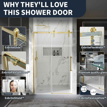 44-48" x 76" Frameless Sliding Shower door,Brushed Gold,Easy clean|ExBrite Elysian-G Series