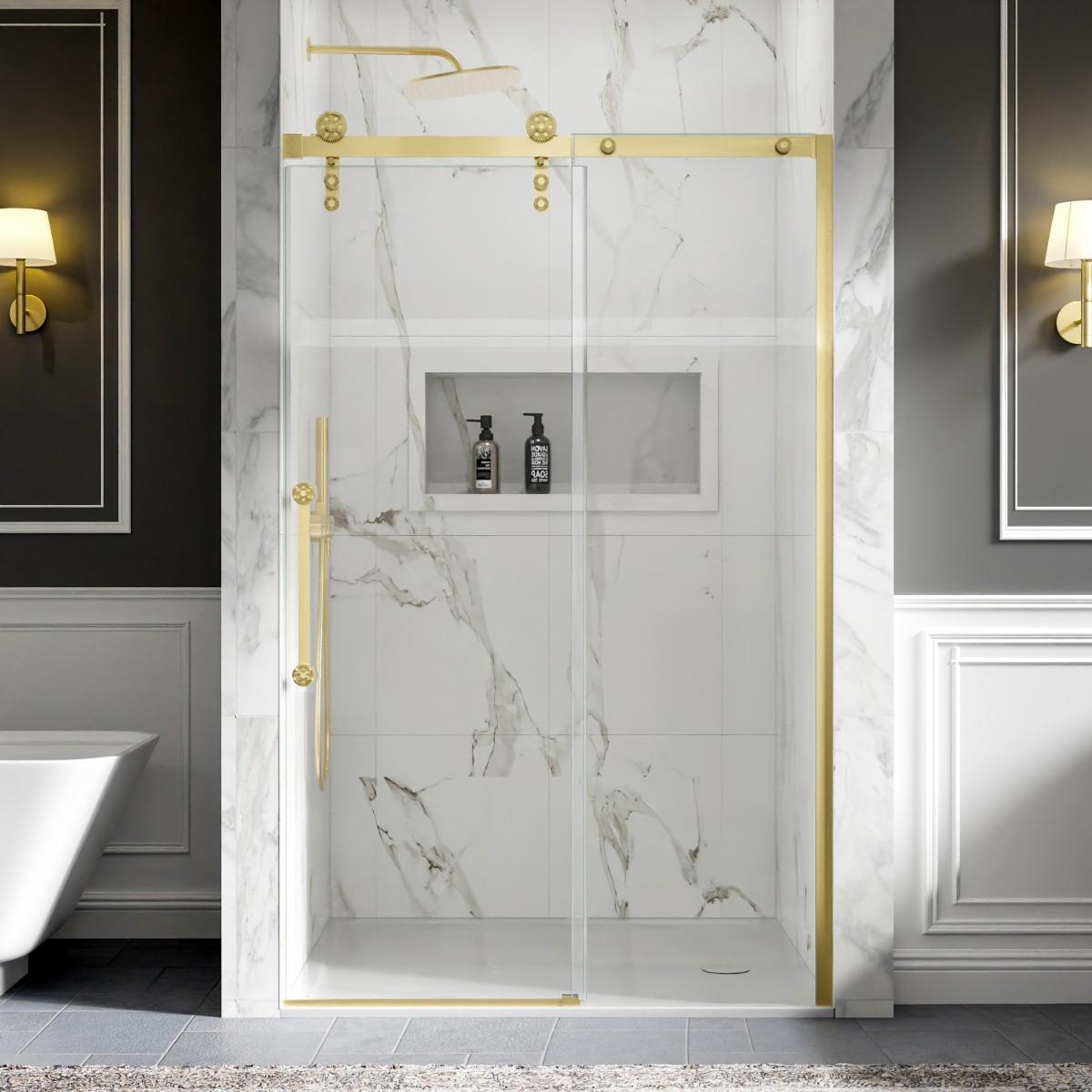 44-48" x 76" Frameless Sliding Shower Barn Door, Brushed Gold, Easy Clean, Fixed Glass Left | ExBrite Elysian-S Series
