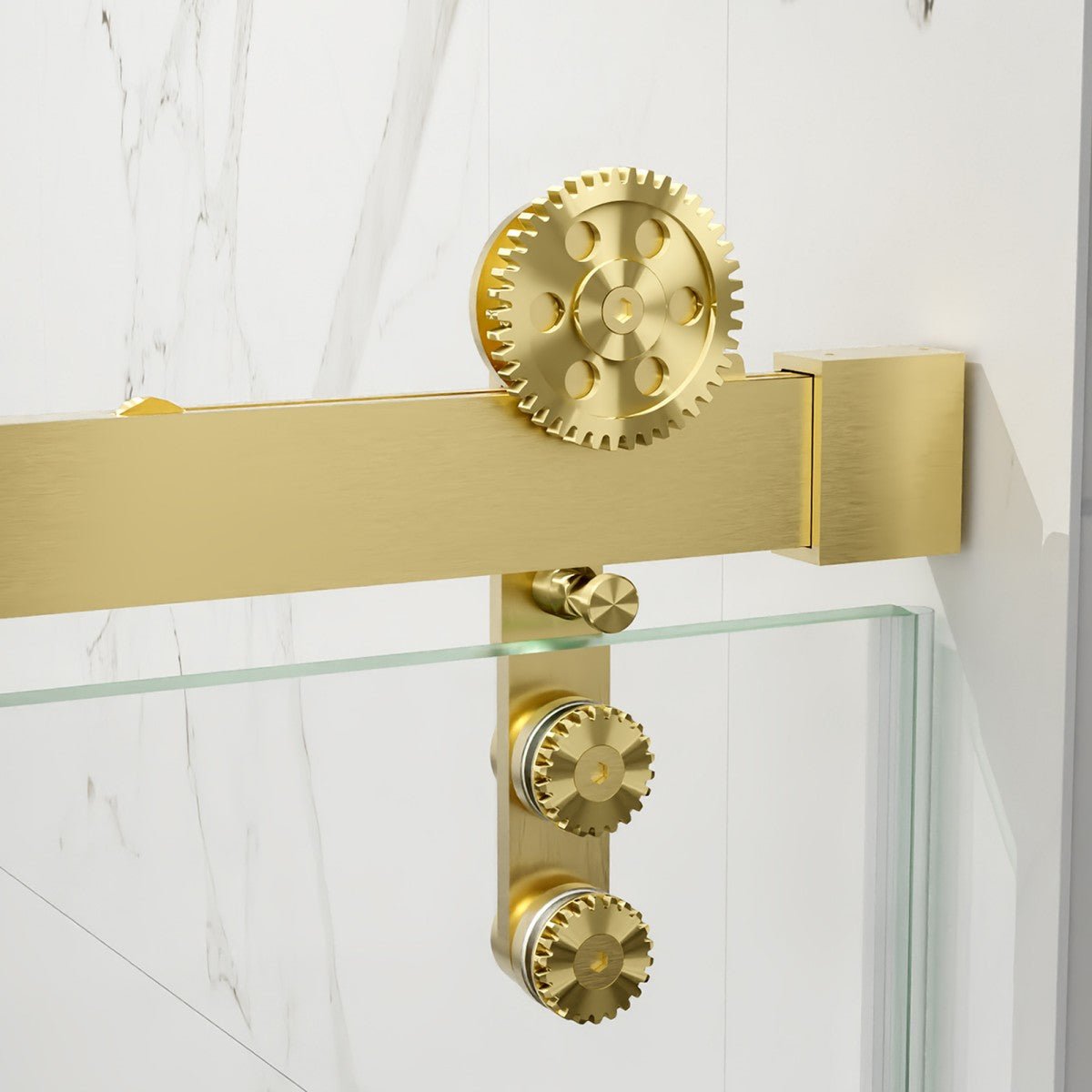 44-48" x 76" Frameless Sliding Shower Barn Door, Brushed Gold, Easy Clean, Fixed Glass Left | ExBrite Elysian-S Series