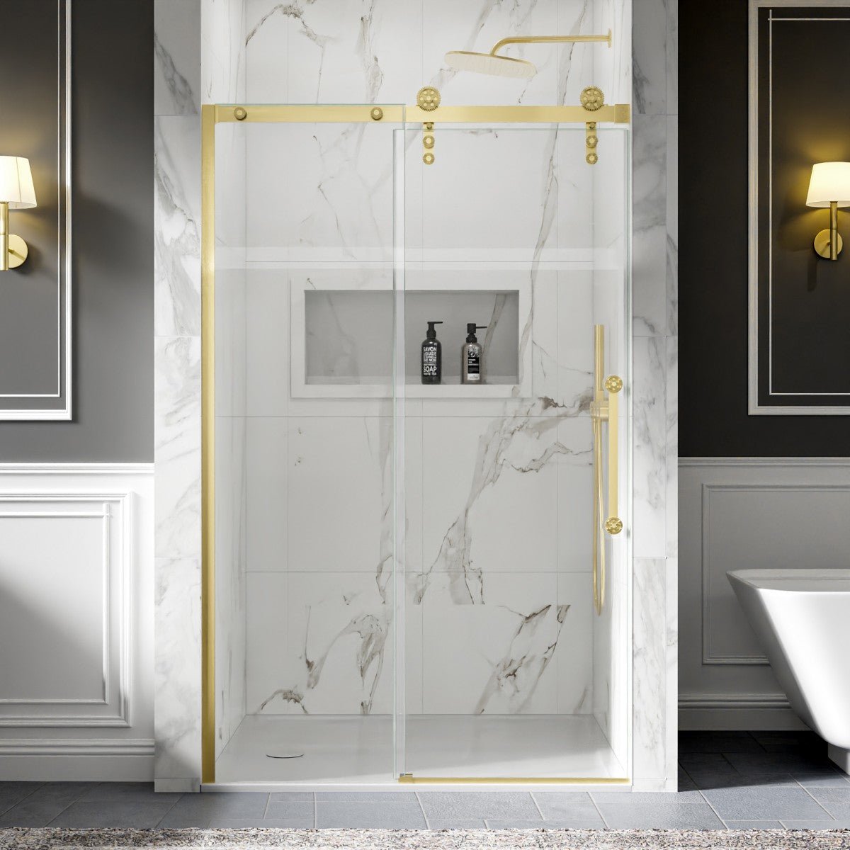 44-48" x 76" Frameless Sliding Shower Barn Door, Brushed Gold, Easy Clean, Fixed Glass Left | ExBrite Elysian-S Series