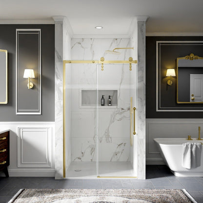 44-48" x 76" Frameless Sliding Shower Barn Door, Brushed Gold, Easy Clean, Fixed Glass Left | ExBrite Elysian-S Series
