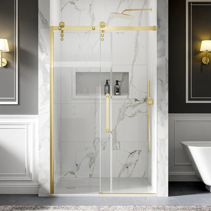 44-48" x 76" Frameless Sliding Shower Barn Door, Brushed Gold, Easy Clean, Fixed Glass Left | ExBrite Elysian-S Series