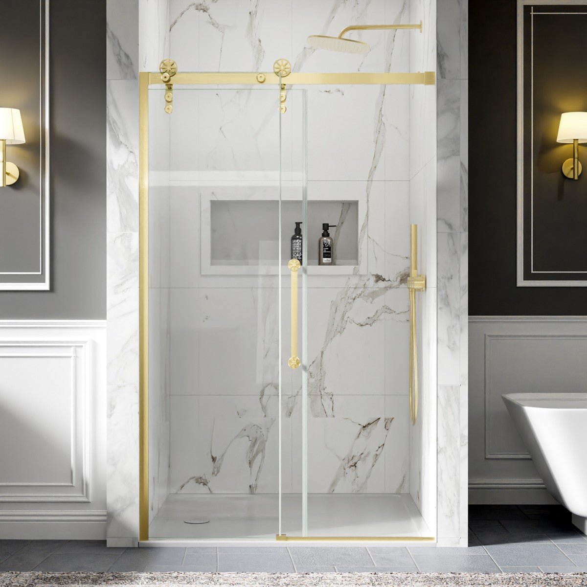 44-48" x 76" Frameless Sliding Shower Door with Fixed Glass Left in Brushed Gold – Easy Clean Shower with Sliding Glass Door, ExBrite Elysian-F Series