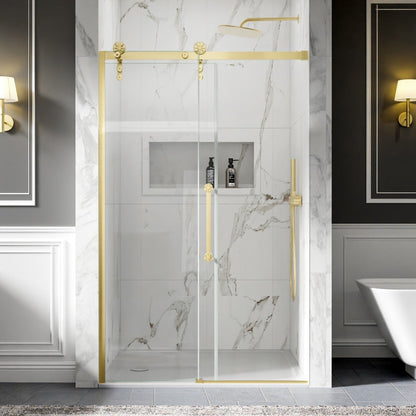 44-48" x 76" Frameless Sliding Shower Door with Fixed Glass Left in Brushed Gold – Easy Clean Shower with Sliding Glass Door, ExBrite Elysian-F Series