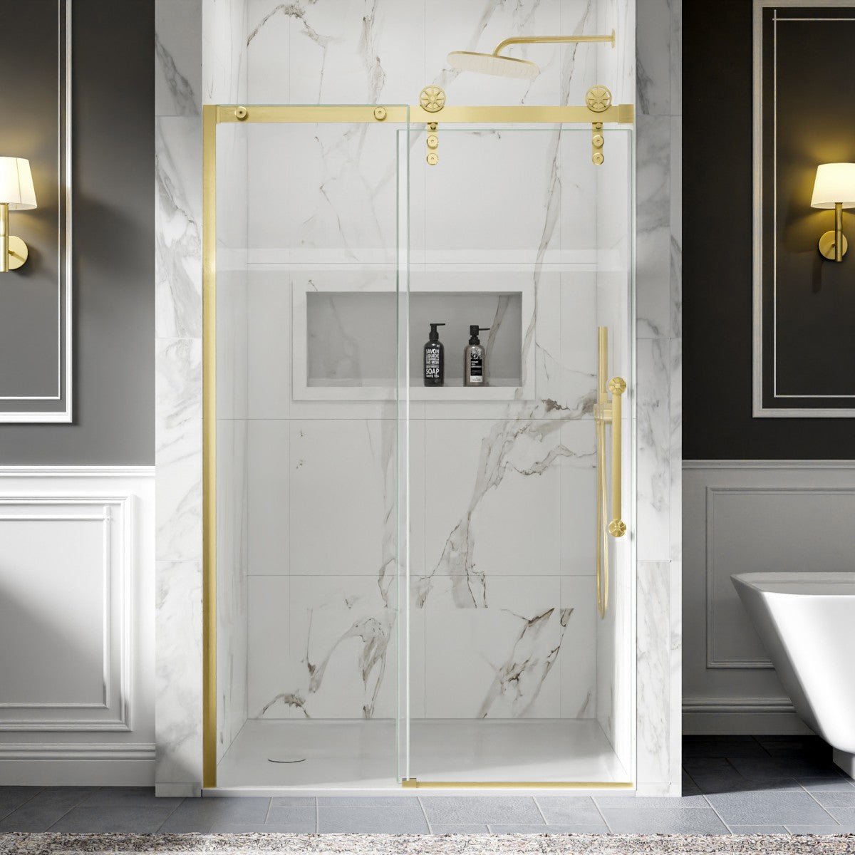 44-48" x 76" Frameless Sliding Shower Door with Fixed Glass Left in Brushed Gold – Easy Clean Shower with Sliding Glass Door, ExBrite Elysian-F Series