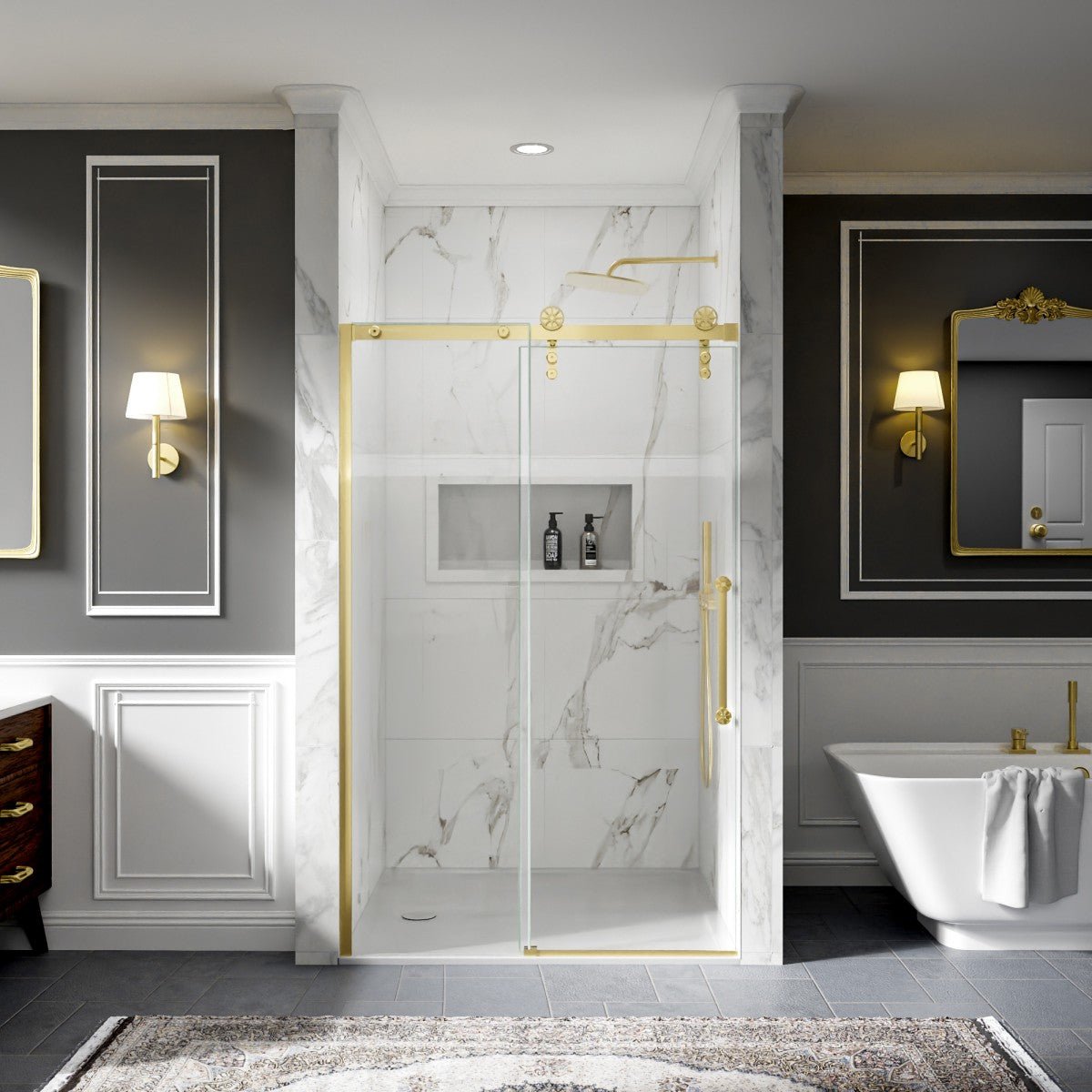 44-48" x 76" Frameless Sliding Shower Door with Fixed Glass Left in Brushed Gold – Easy Clean Shower with Sliding Glass Door, ExBrite Elysian-F Series