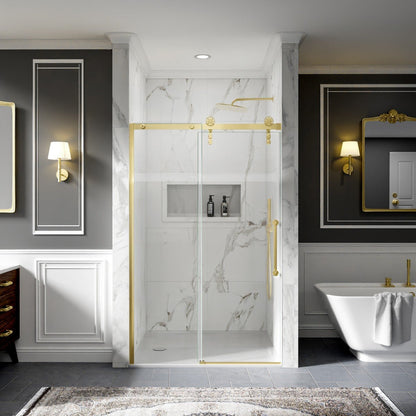 44-48" x 76" Frameless Sliding Shower Door with Fixed Glass Left in Brushed Gold – Easy Clean Shower with Sliding Glass Door, ExBrite Elysian-F Series