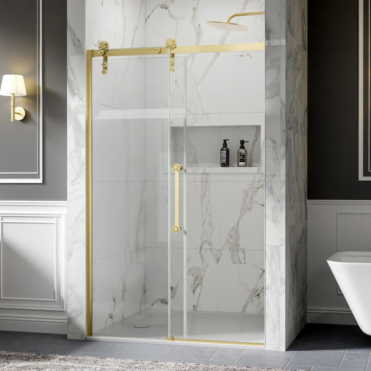 44-48" x 76" Frameless Sliding Shower Door with Fixed Glass Left in Brushed Gold – Easy Clean Shower with Sliding Glass Door, ExBrite Elysian-F Series