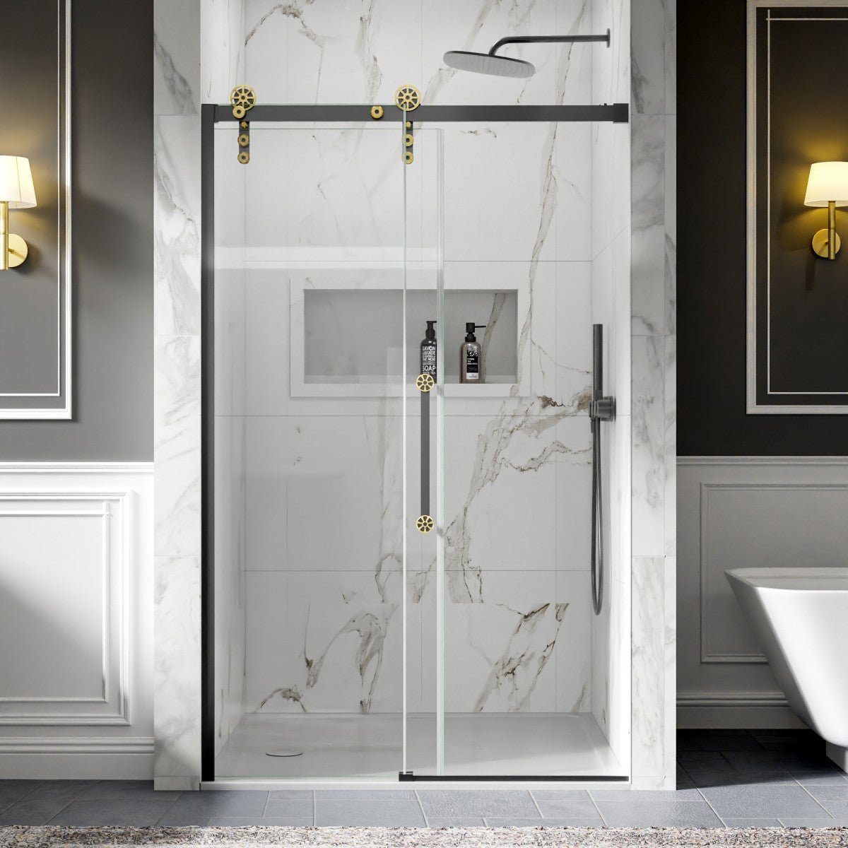 44-48" x 76" Frameless Sliding Shower door,Black Gold,Easy clean,Fixed Glass Left|ExBrite Elysian-F Series