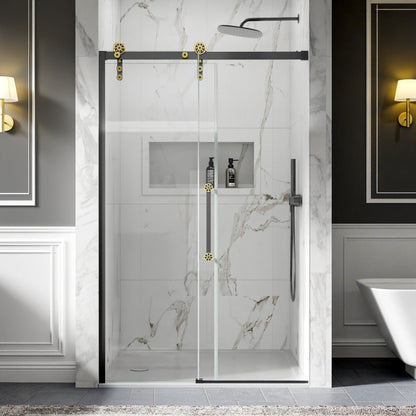 44-48" x 76" Frameless Sliding Shower door,Black Gold,Easy clean,Fixed Glass Left|ExBrite Elysian-F Series