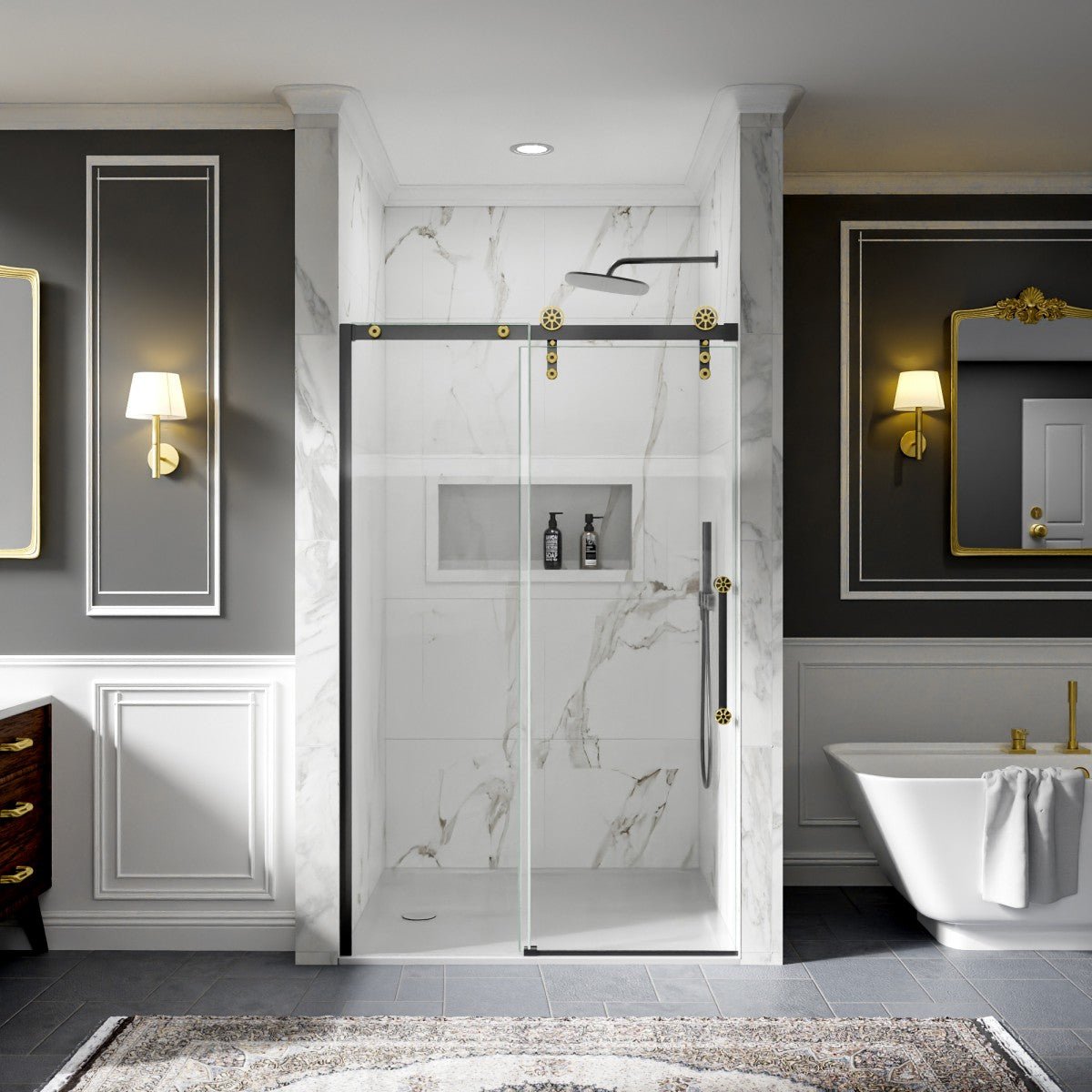 44-48" x 76" Frameless Sliding Shower door,Black Gold,Easy clean,Fixed Glass Left|ExBrite Elysian-F Series