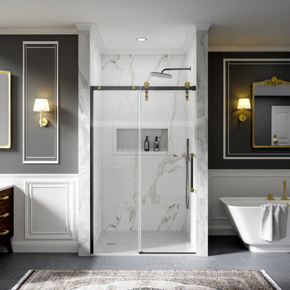 44-48" x 76" Frameless Sliding Shower door,Black Gold,Easy clean,Fixed Glass Left|ExBrite Elysian-F Series