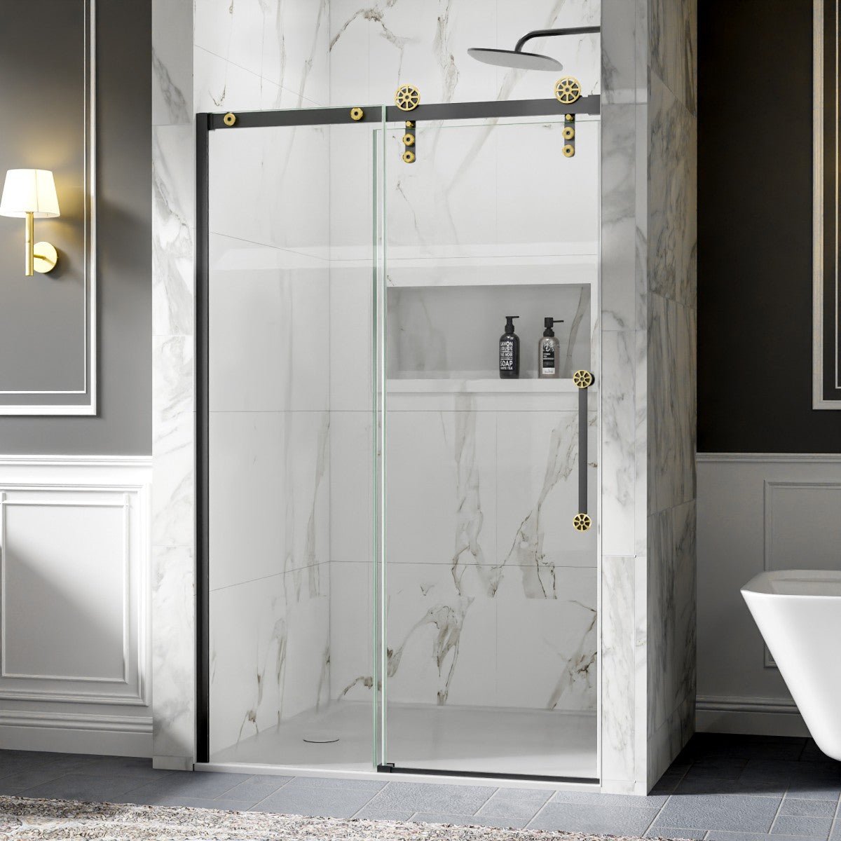 44-48" x 76" Frameless Sliding Shower door,Black Gold,Easy clean,Fixed Glass Left|ExBrite Elysian-F Series
