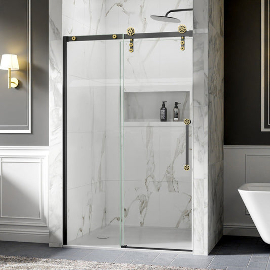 44-48" x 76" Frameless Sliding Shower door,Black Gold,Easy clean,Fixed Glass Left|ExBrite Elysian-F Series