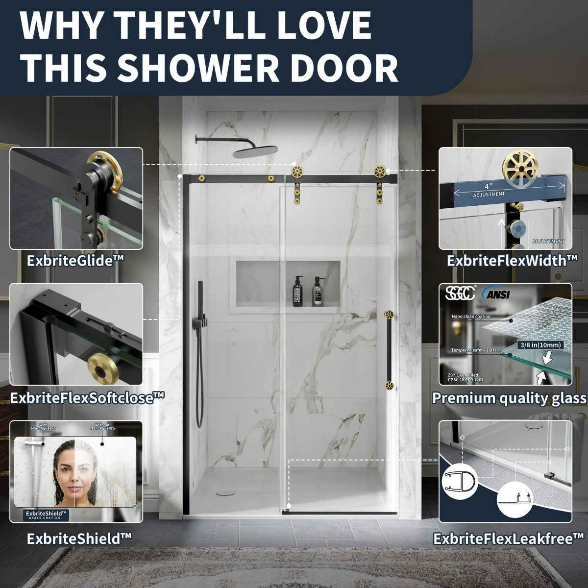 44-48" x 76" Frameless Sliding Shower door,Black Gold,Easy clean|ExBrite Elysian-S Series