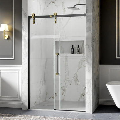 44-48" x 76" Frameless Sliding Shower door,Black Gold,Easy clean,Fixed Glass Left|ExBrite Elysian-F Series