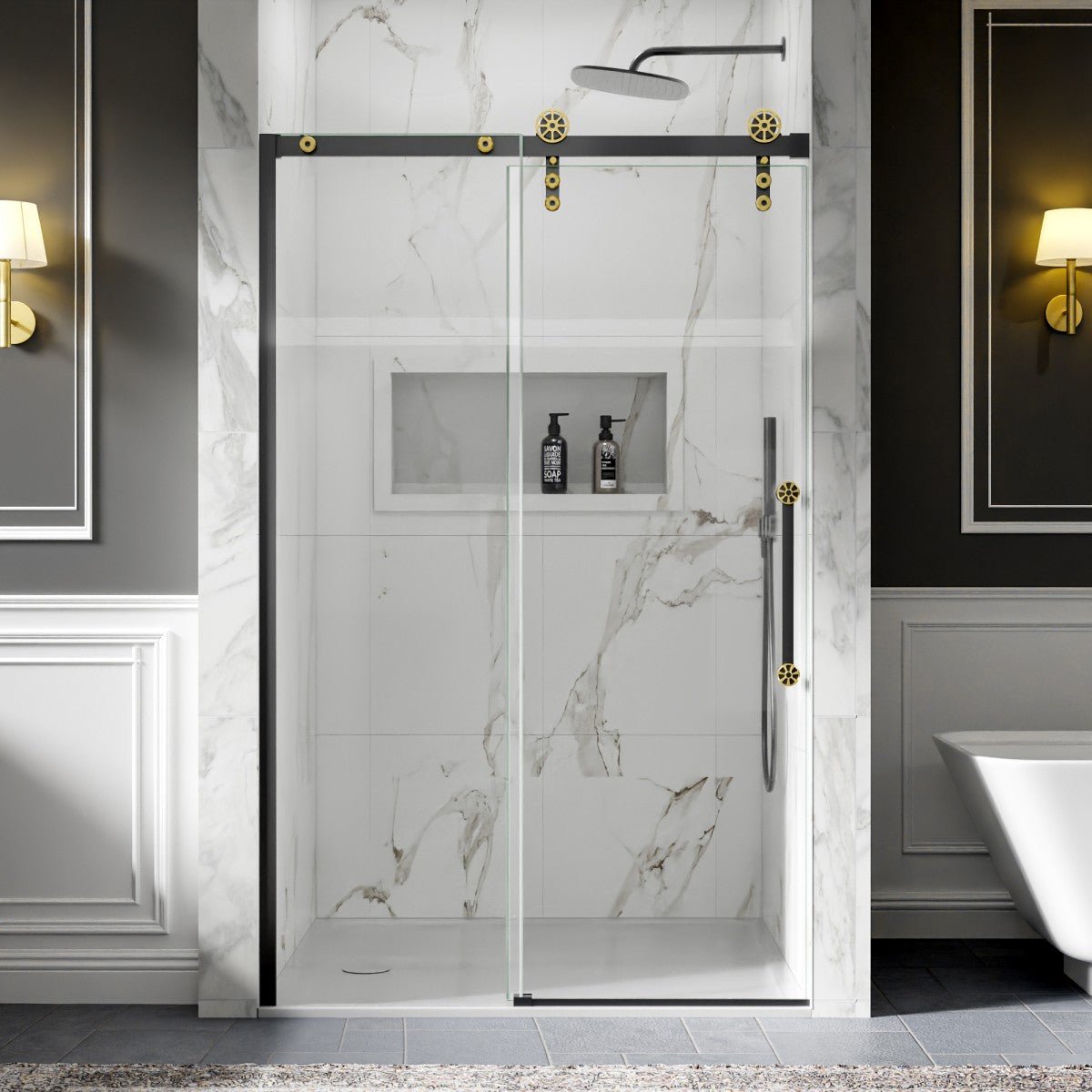 44-48" x 76" Frameless Sliding Shower door,Black Gold,Easy clean,Fixed Glass Left|ExBrite Elysian-F Series