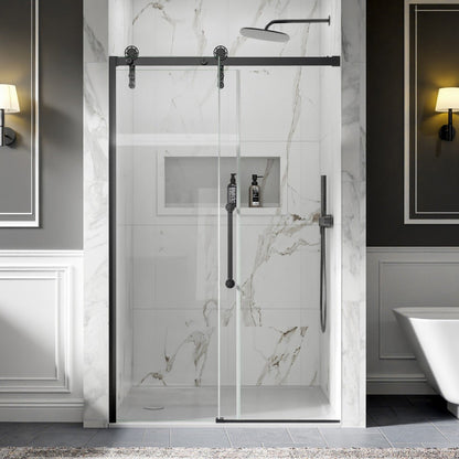 44-48" x 76" Frameless Sliding Shower door,Matte Black,Easy clean,Fixed Glass Left|ExBrite Elysian-F Series