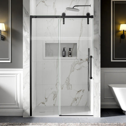 44-48" x 76" Frameless Sliding Shower door,Matte Black,Easy clean,Fixed Glass Left|ExBrite Elysian-F Series