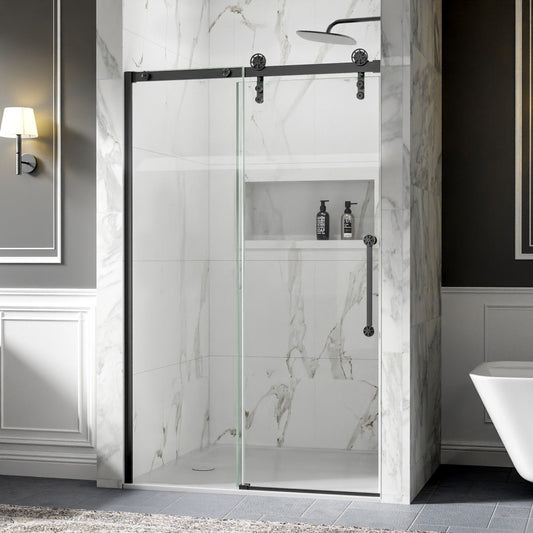44-48" x 76" Frameless Sliding Shower door,Matte Black,Easy clean,Fixed Glass Left|ExBrite Elysian-F Series