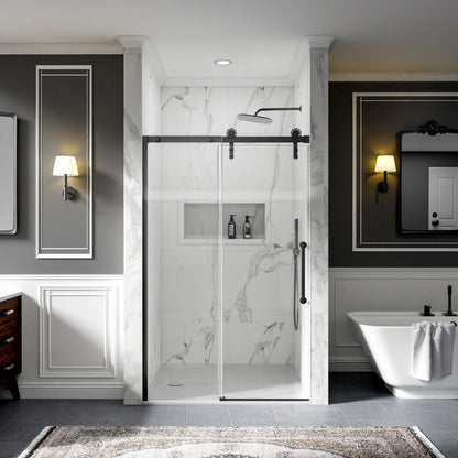 44-48" x 76" Frameless Sliding Shower door,Matte Black,Easy clean,Fixed Glass Left|ExBrite Elysian-F Series