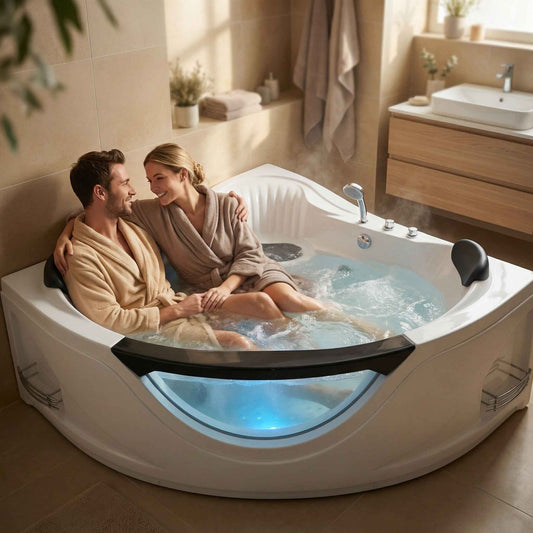 Exbrite 59" Corner Whirlpool Bathtub for 2 Person, Luxury Jetted Spa Tub with 6 Hydro Massage Jets, Chromatherapy LED Lights & Pneumatic adjust system, UL Certified water pump,UPC Certified drainer