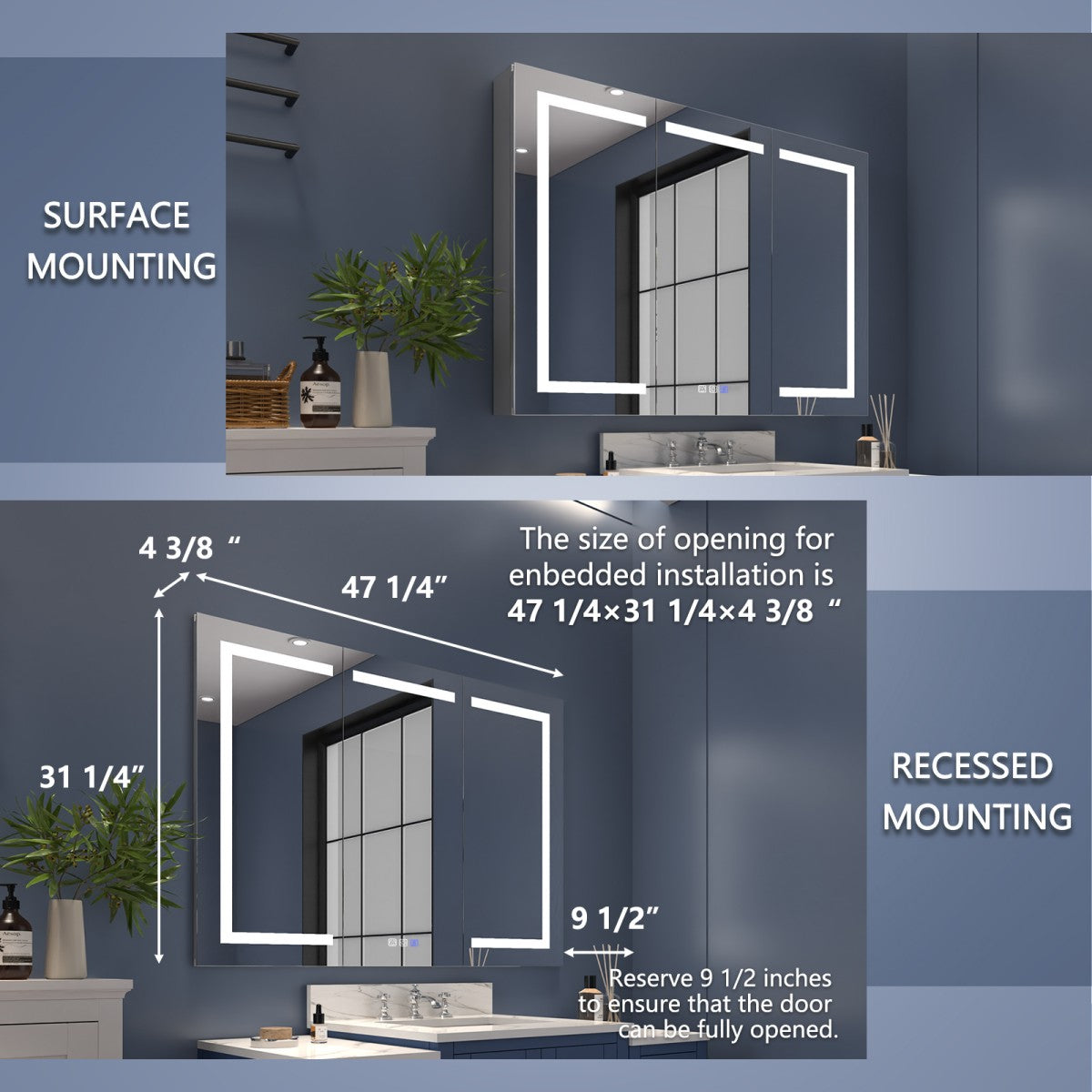 Boost-M2 48" W x 32" H LED Lighted Recessed Medicine Cabinets with Mirror - Surface or Recessed Installation