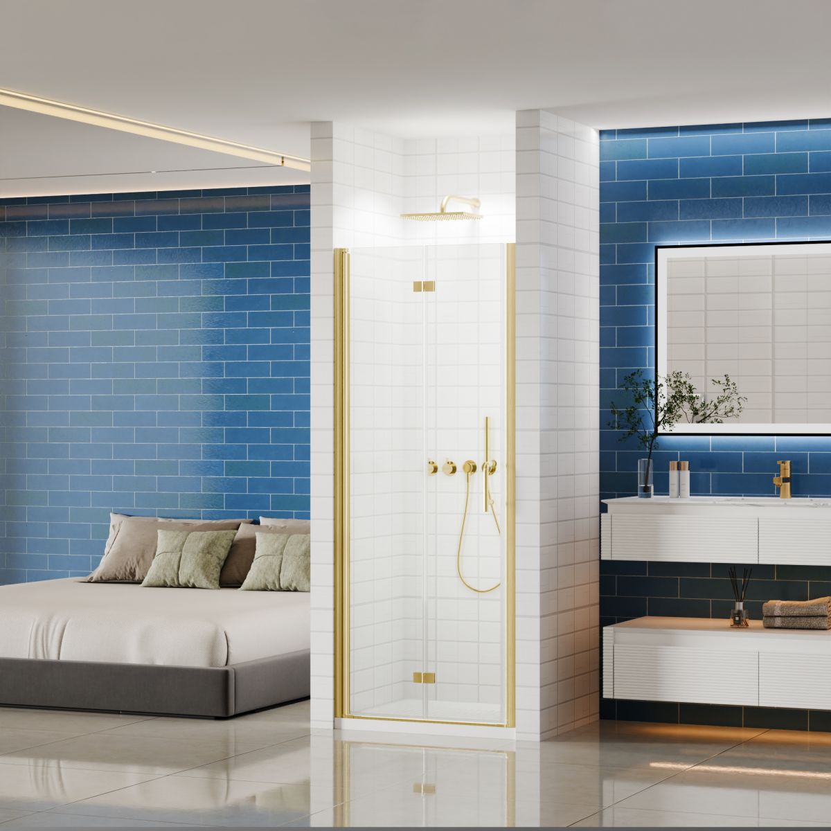 Exbrite Adapt Bifold Shower Door 30-32 in.W x 72 in.H Pivot Swing Shower Doors,Brushed Gold,Tempered Shower Glass