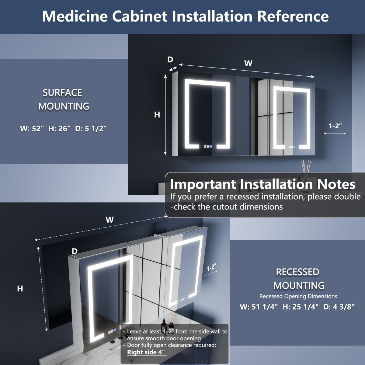 Boost-M1 52" W x 26" H Combination Medicine Cabinet with Mirror led Lighted Medicine Cabinet