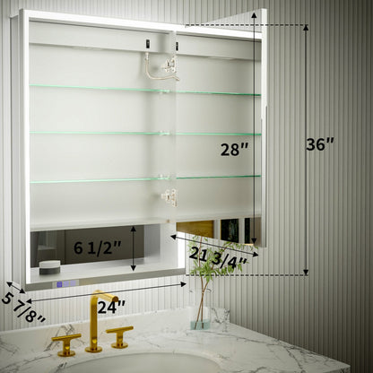 Ample 24" W x 36" H LED Lighted Chrome Bathroom Medicine Cabinet with Mirror and Shelves, Right Hinge for Recessed or Surface Mount