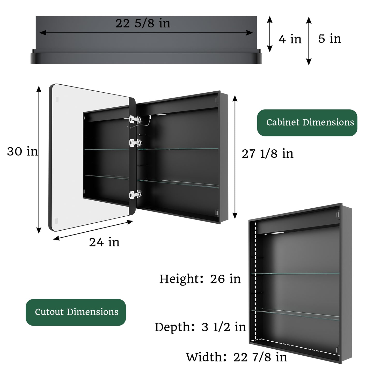 ExBrite 24" W x 30" H Light Medicine Cabinet Recessed or Surface Mount Adjustable Shelves Vanity Mirror Cabinet, Rounded Corner Door with Black Iron Frame, Hinge on the Left - ExBriteUSA