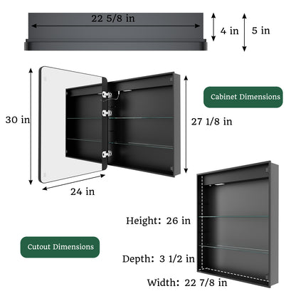 ExBrite 24" W x 30" H Light Medicine Cabinet Recessed or Surface Mount Adjustable Shelves Vanity Mirror Cabinet, Rounded Corner Door with Black Iron Frame, Hinge on the Left - ExBriteUSA