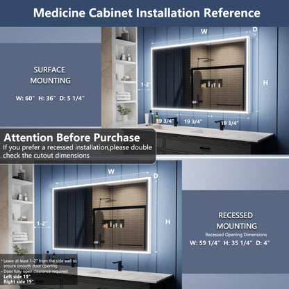 Illusion 60" x 36" LED Lighted Medicine Cabinet with Magnifiers Front and Back Light