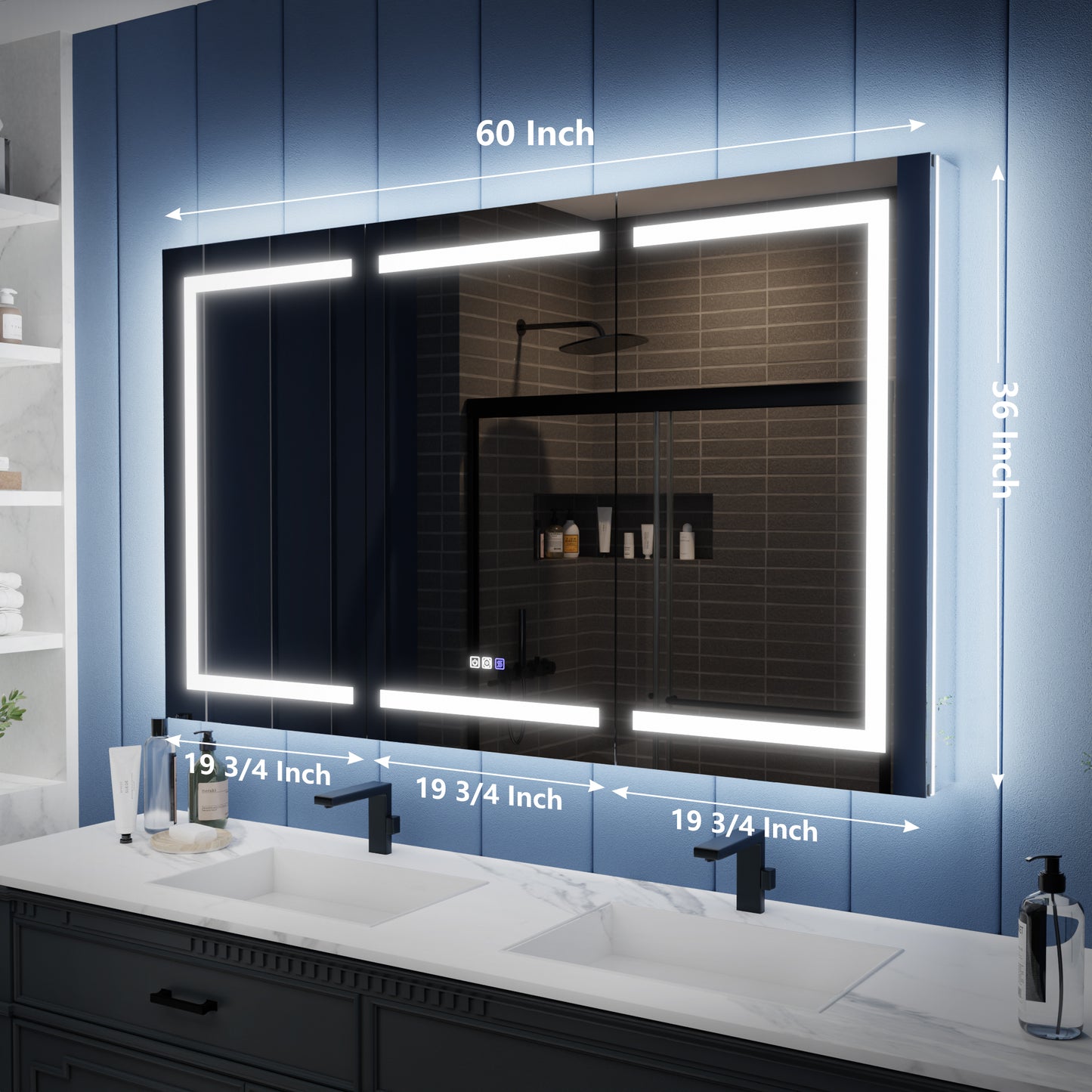 Bathroom vanity with a large illuminated mirror and measurements indicated.