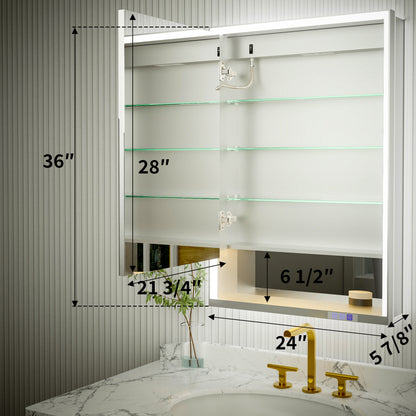 Ample 24" W x 36" H LED Lighted Chrome Medicine Cabinet with Mirror and Shelves for Bathroom Recessed or Surface Mount
