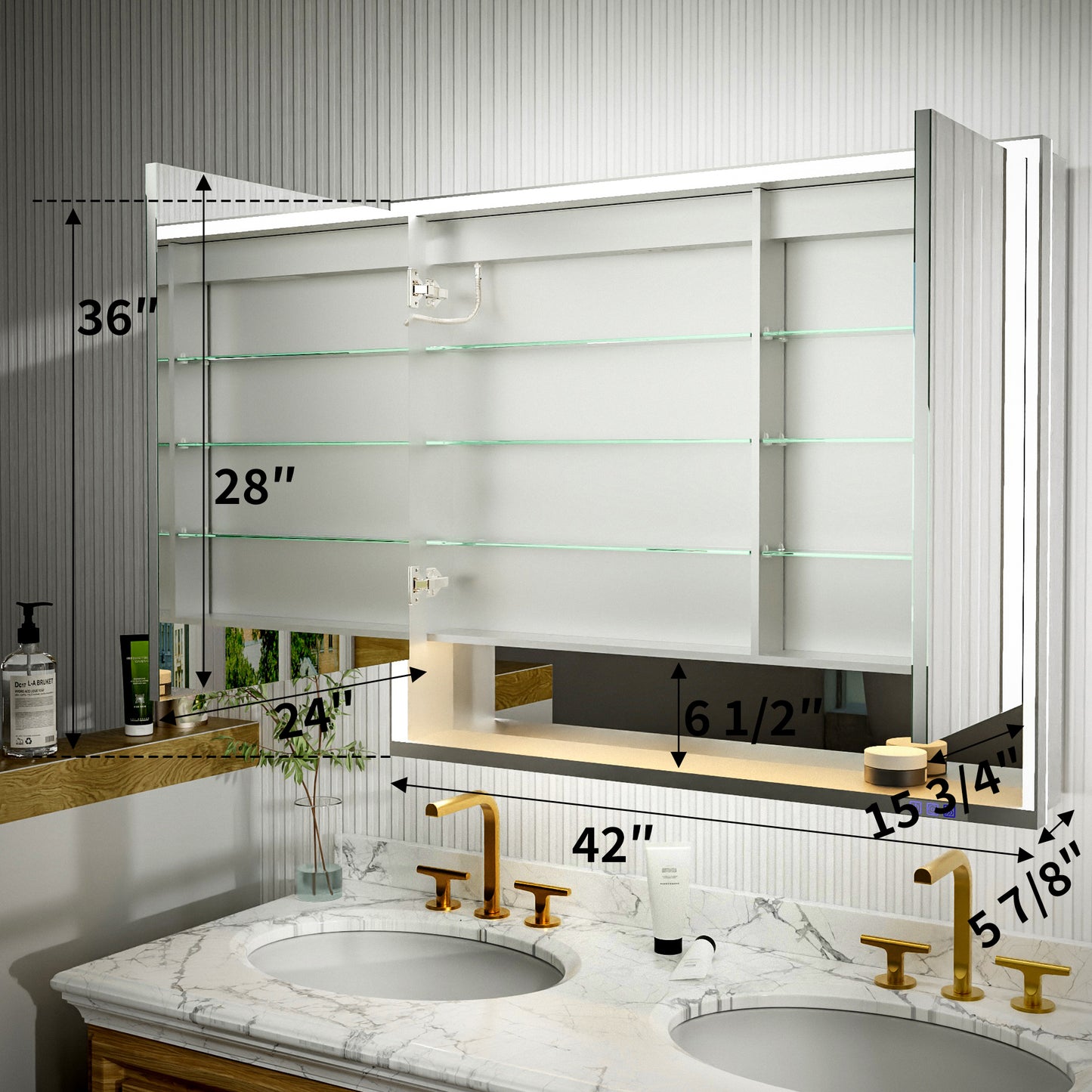Ample 42" W x 36" H LED Lighted Chrome Medicine Cabinet with Mirror and Shelves for Bathroom Recessed or Surface Mount