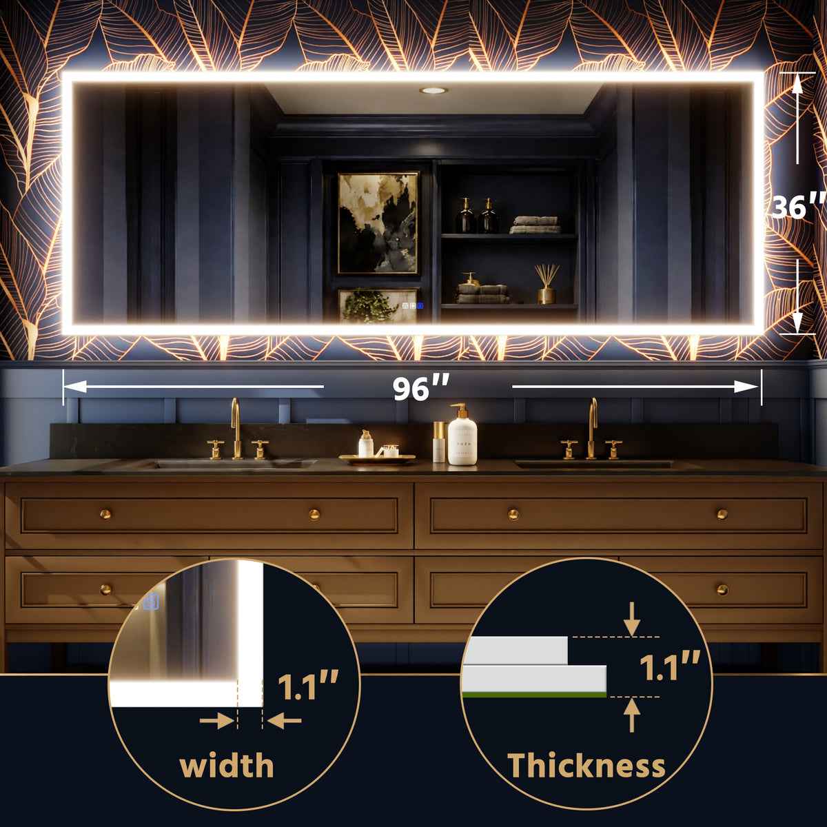 Solen 96" x 36" Frameless Rectangular Lighted Vanity Mirror with Anti-Fog and Bright LED Lighting