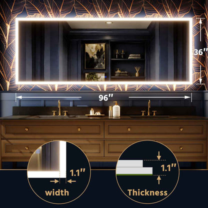 Solen 96" x 36" Frameless Rectangular Lighted Vanity Mirror with Anti-Fog and Bright LED Lighting
