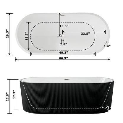 WSP-NK Exbrite 67' Acrylic Freestanding Bathtub, Unique Pleated Design, Glossy Black, Brushed Nickel  Overflow and Pop-Up Drain, cUPC Certified