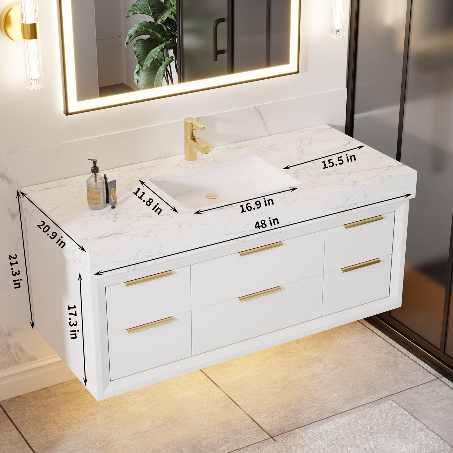 Glam 48" White Floating Bathroom Vanity with Lights and Stone Slab Countertop, Single Sink