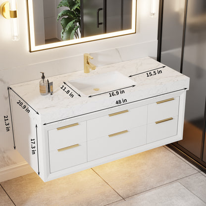 Glam 48" White Floating Bathroom Vanity with Lights and Stone Slab Countertop, Single Sink