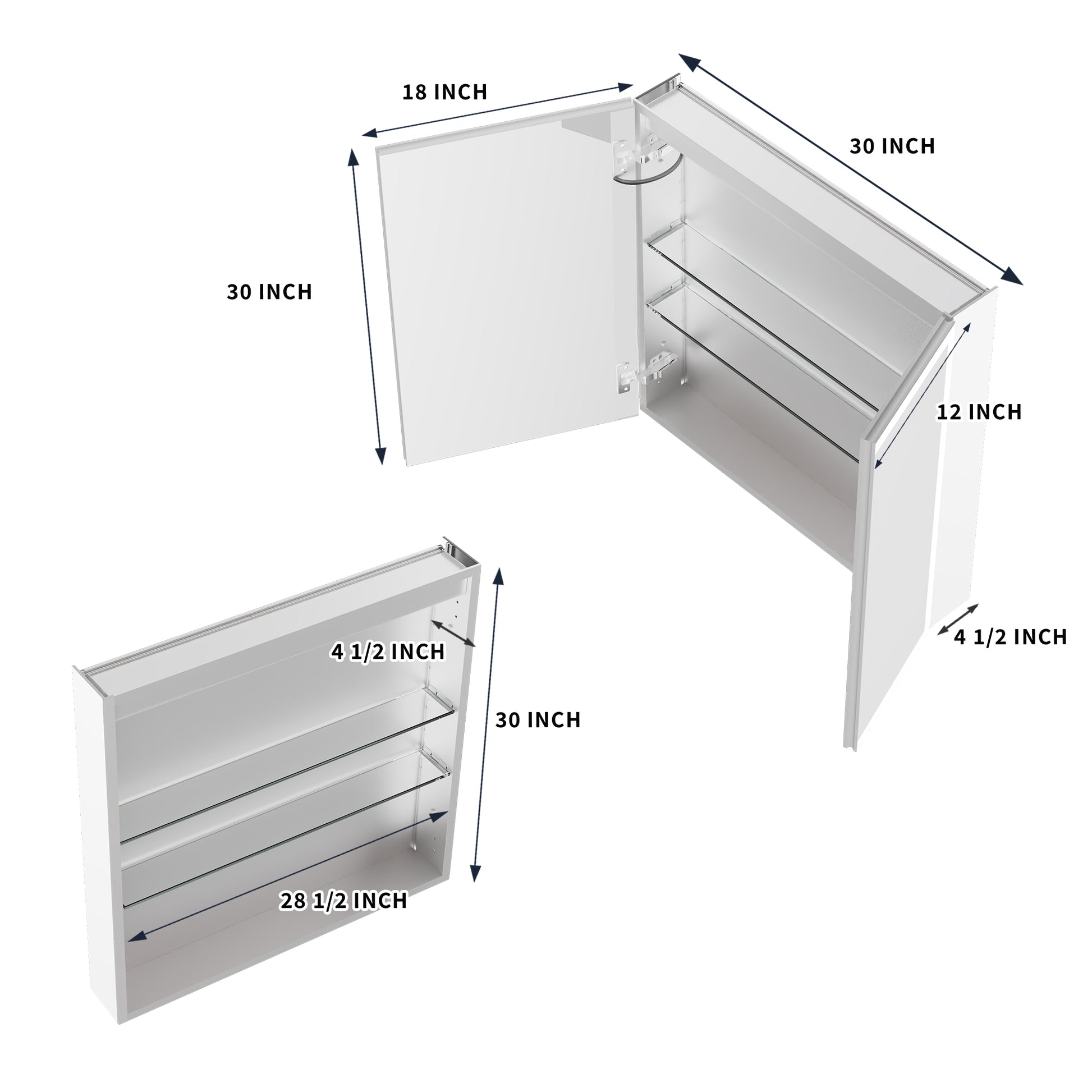 ExBrite 30"W x 30"H LED Medicine Cabinet with Anti-Fog, Stepless Color Temperature and Dimming, Adjustable Shelves, Aluminum Frame, Recessed or Surface Mount - ExBriteUSA