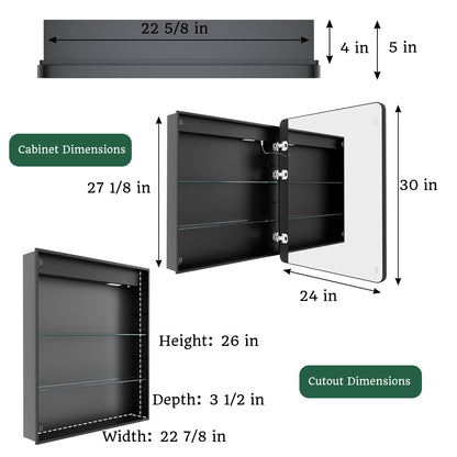 ExBrite 24" W x 30" H Light Medicine Cabinet Recessed or Surface Mount Adjustable Shelves Vanity Mirror Cabinet, Rounded Corner Door with Black Iron Frame, Hinge on the Right - ExBriteUSA