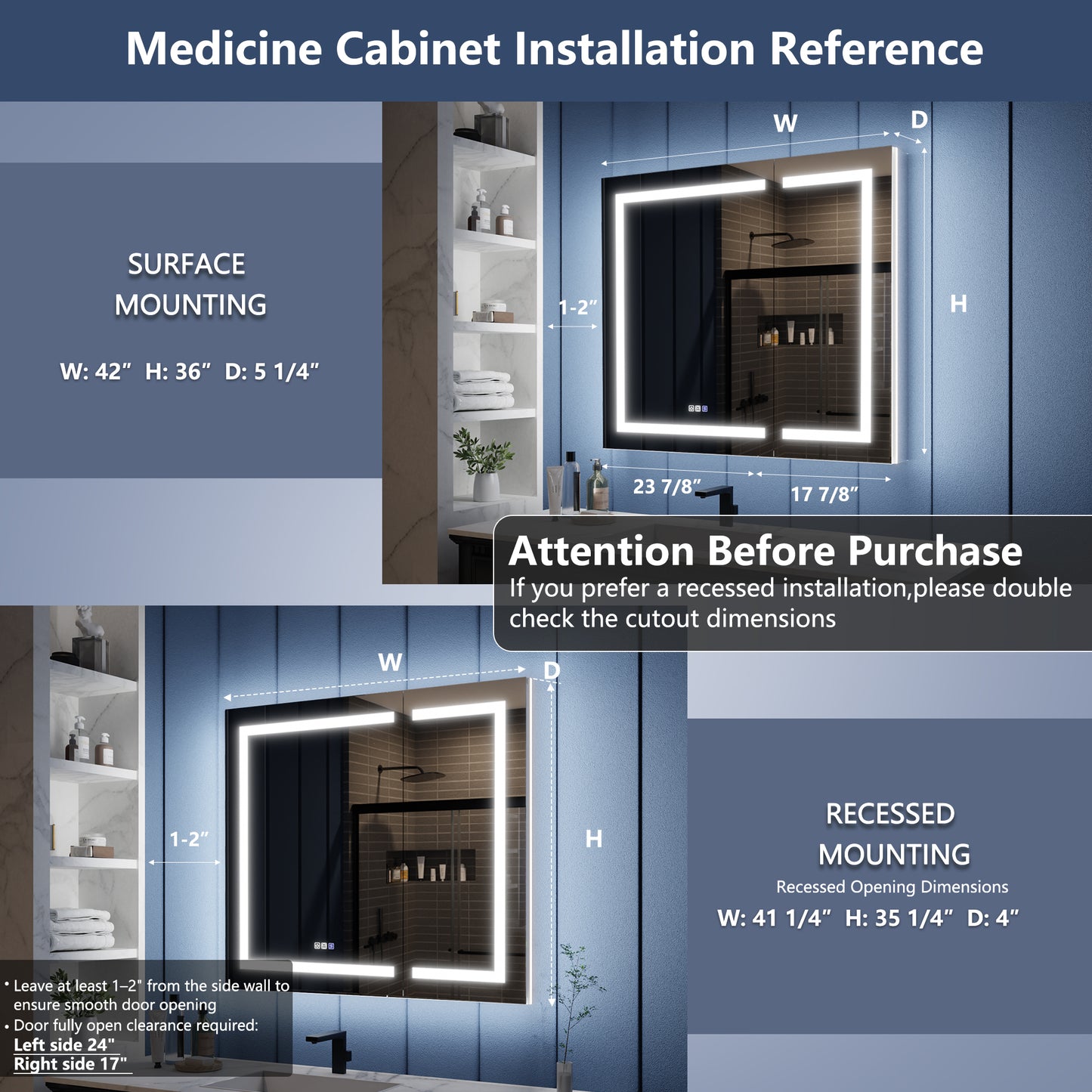 Illusion-B 42" x 36" LED Lighted Inset Mirrored Medicine Cabinet with Magnifiers Front and Back Light