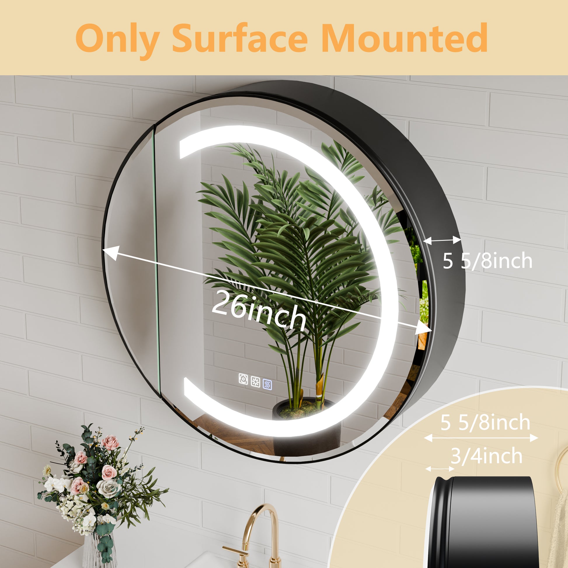 Hola 26" Round LED Medicine Cabinet – Black Frame, Anti-Fog, Dimmable Lighting, Surface Mount - ExBriteUSA