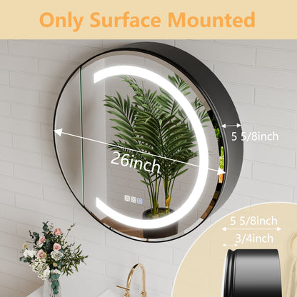 Hola 26" Round LED Medicine Cabinet – Black Frame, Anti-Fog, Dimmable Lighting, Surface Mount - ExBriteUSA