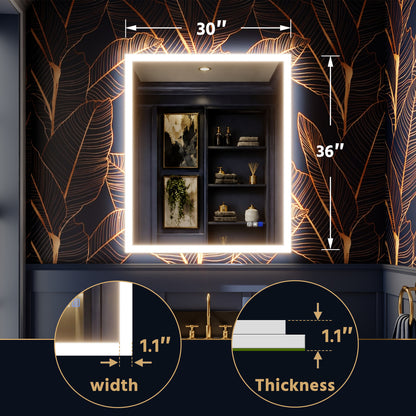 Solen 30" x 36" Frameless Rectangular Lighted Vanity Mirror with Anti-Fog and Bright LED Lighting Bathroom mirror