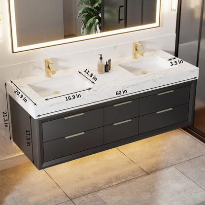 Glam 60" Black Floating Vanity 60 Modern Rubberwood Bathroom Cabinet with Lights and Stone Slab Countertop, Dual Sinks