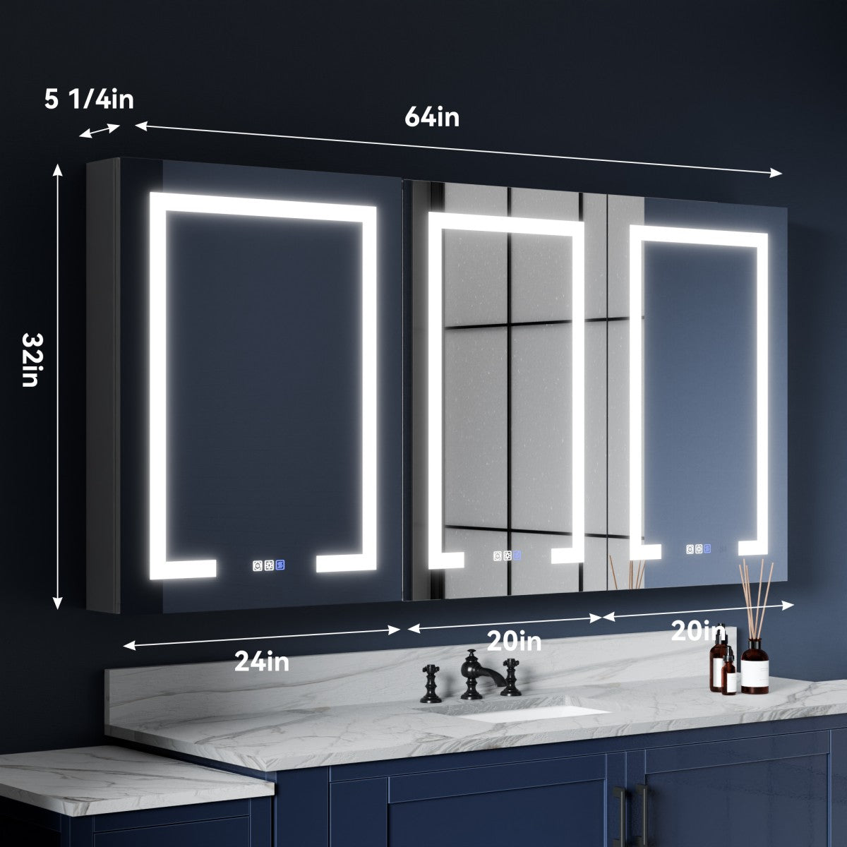 Medicine Cabinet Mirror LED - 64"W x 32"H Medicine Cabinet with Mirror, Recessed or Surface Mounted|ExBrite Boost-M1